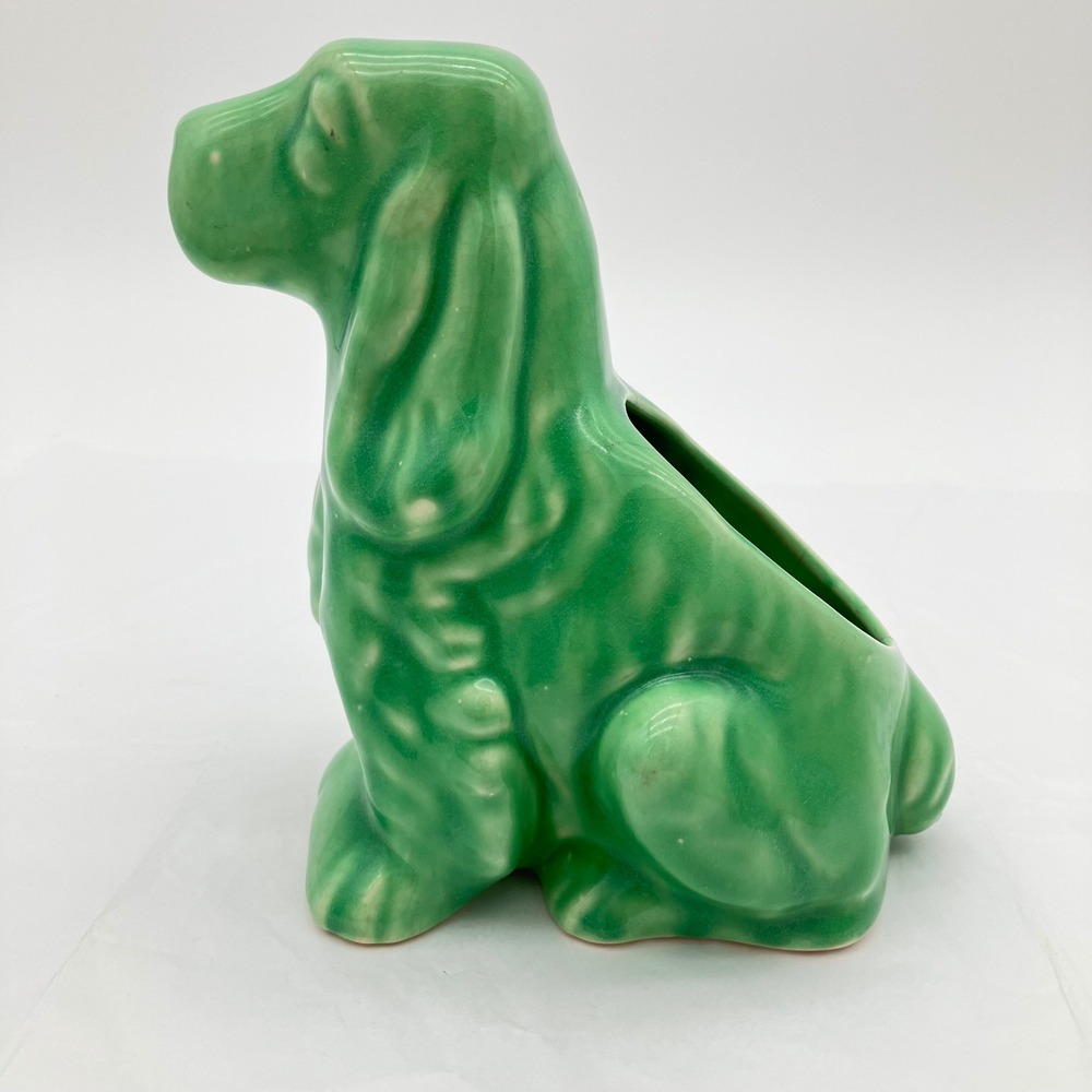 Planter Cocker Spaniel Vintage 6.5in Green Drip Glaze Dog Vase